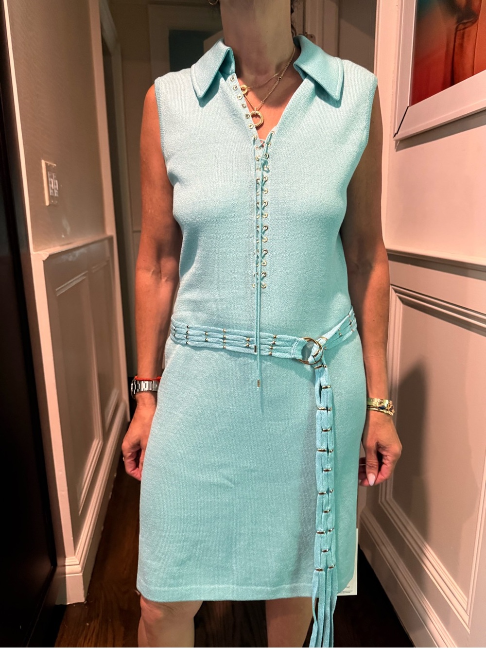 St. John Sleeveless Collared Mini Dress in Aqua with Lace-Up Detail